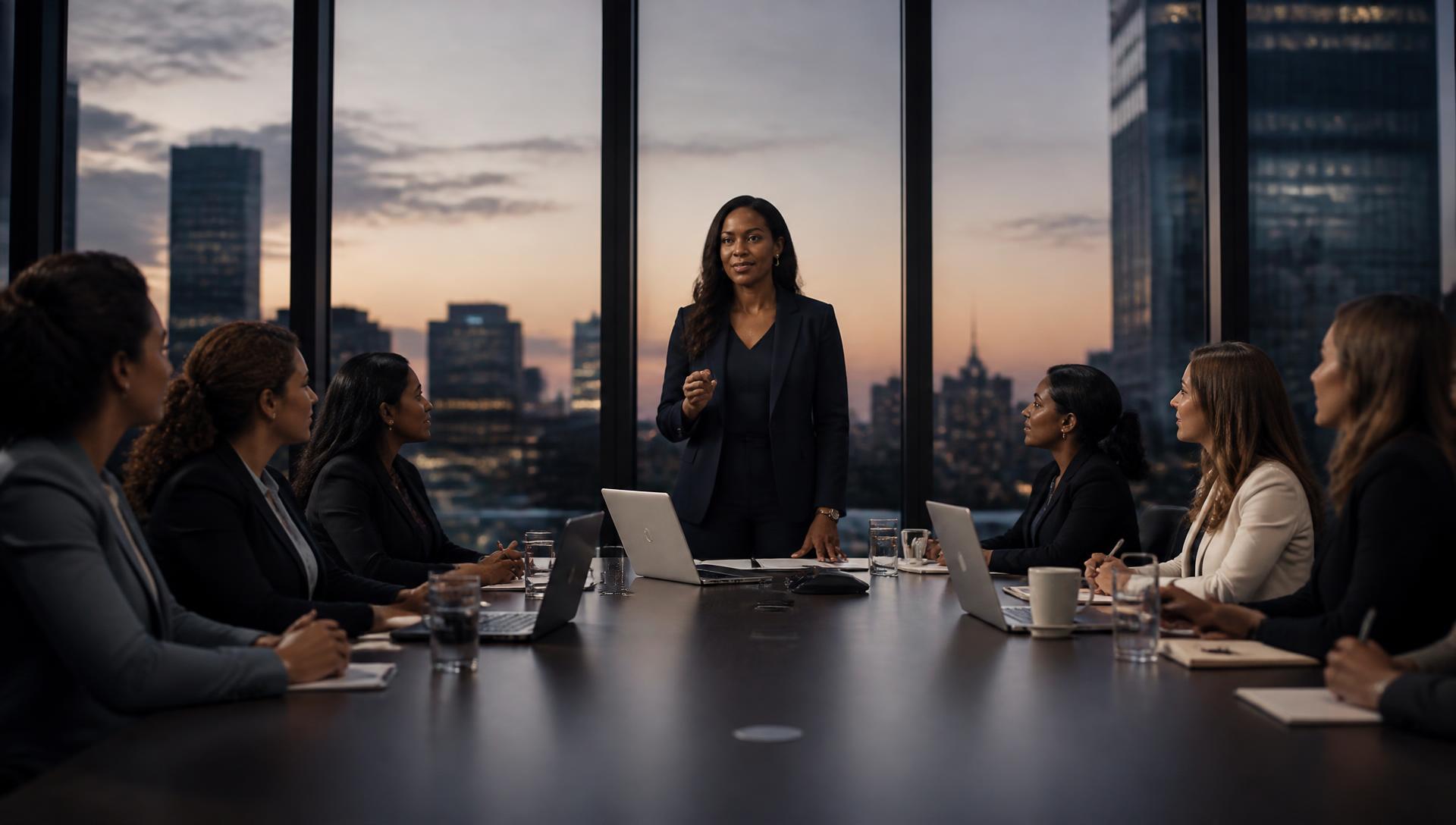 Executive addressing colleagues in a boardroom at dusk