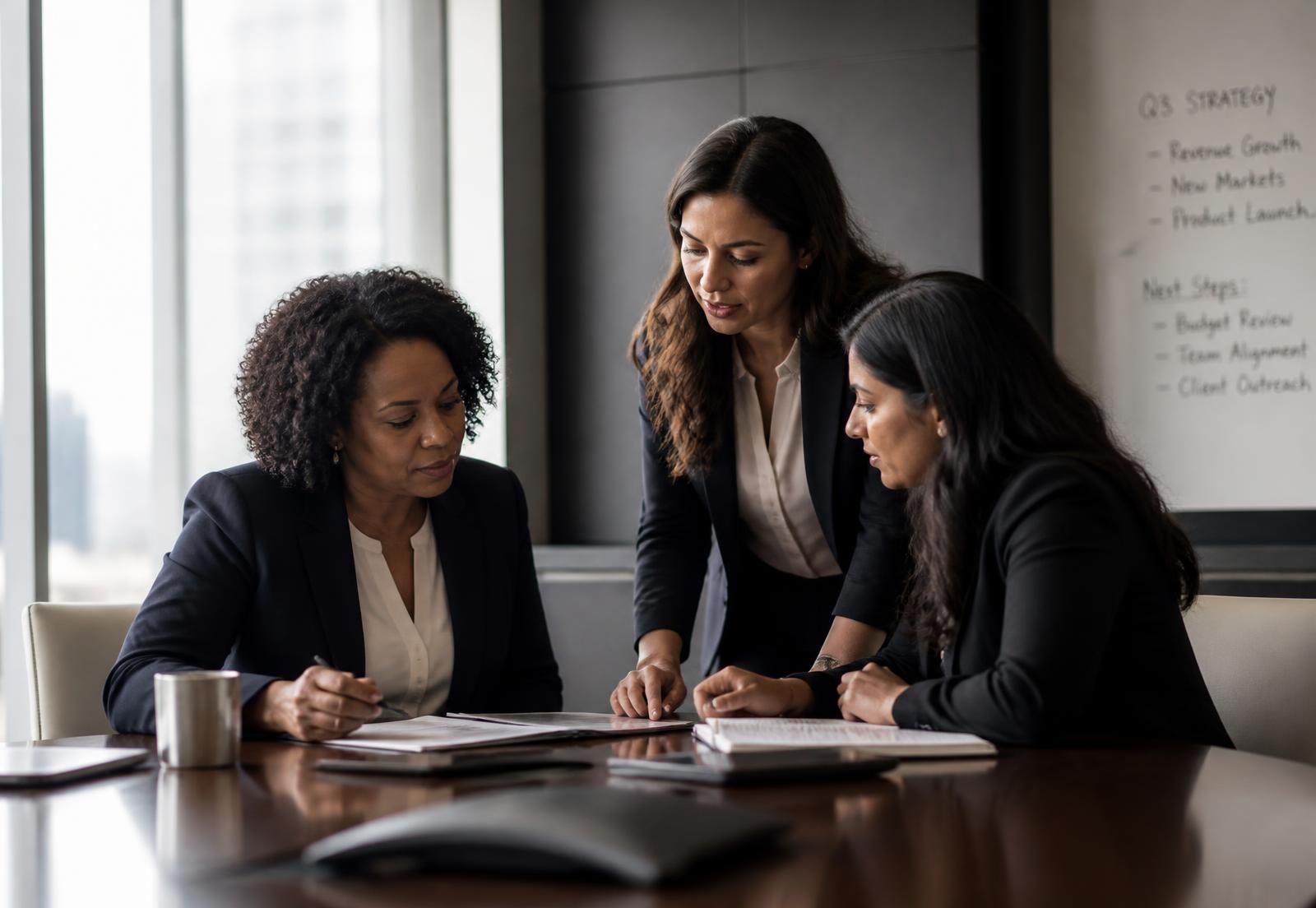 Women executives in conversation in a boardroom